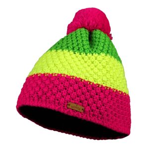 Bontis Detská trojfarebná pletená zimná čiapka s brmbolcom - Neónovo ružová / žltá / zelená | uni detská