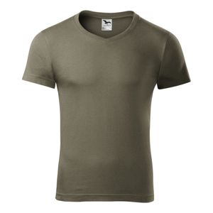 MALFINI Pánske tričko Slim Fit V-neck - Army | XXL